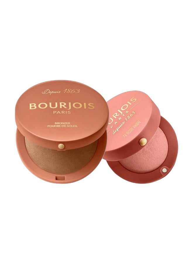 BOURJOIS PARIS Maxi Round Pot Bronzer — 002 Dark Medium 15g & BOURJOIS PARIS Little Round Pot Blusher, 74 Rose ambre Bundle - Image 1